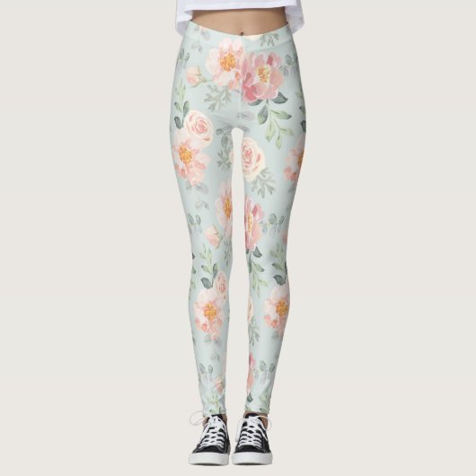 Pink Rose Pastel Garden Pattern Leggings (Voorkant)