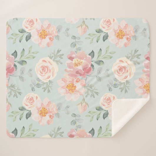 Pink Rose Pastel Garden Pattern Sherpa Deken (Voorkant (horizontaal))