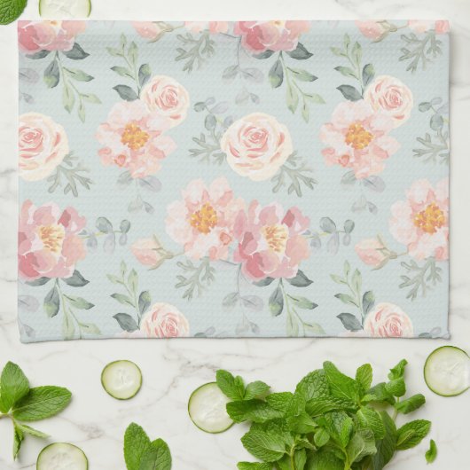 Pink Rose Pastel Garden Pattern Theedoek (Gevouwen)