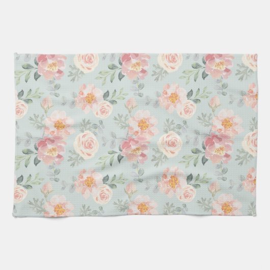 Pink Rose Pastel Garden Pattern Theedoek (Horizontaal)