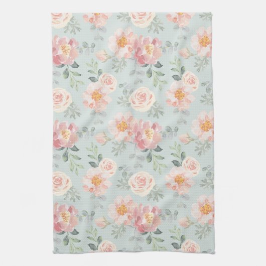 Pink Rose Pastel Garden Pattern Theedoek (Verticaal)