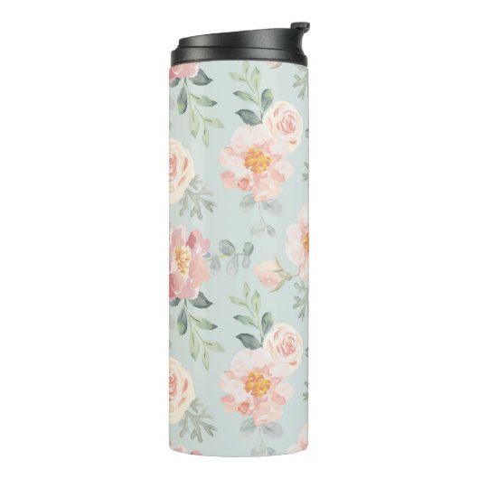 Pink Rose Pastel Garden Pattern Thermosbeker (Gedraaid links)