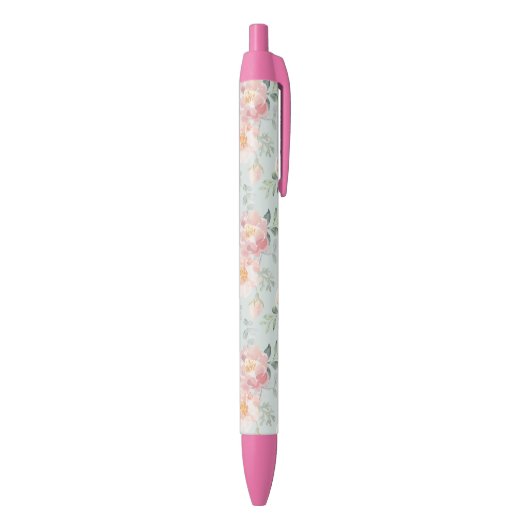 Pink Rose Pastel Garden Pattern Zwarte Inkt Pen (Achterkant (Verticaal))