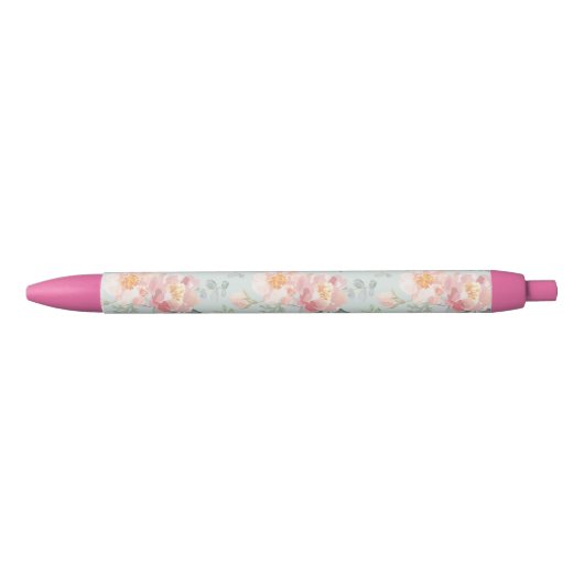 Pink Rose Pastel Garden Pattern Zwarte Inkt Pen (Voorkant)