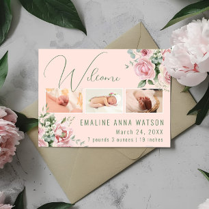 Pink Rose Photo Baby Girl Aankondiging Briefkaart