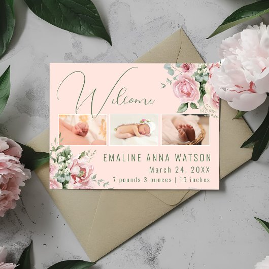 Pink Rose Photo Baby Girl Aankondiging Briefkaart