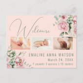 Pink Rose Photo Baby Girl Aankondiging Briefkaart (Voorkant)