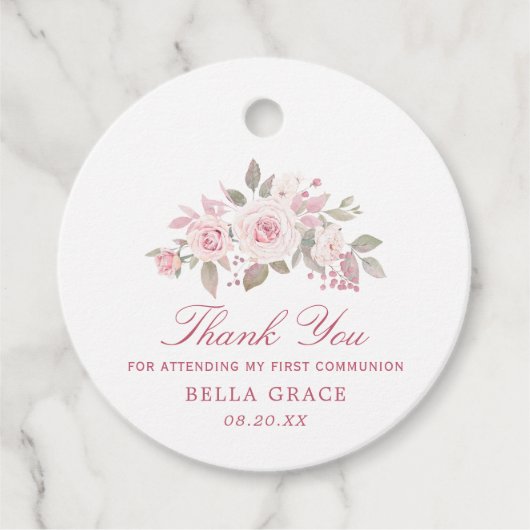 Pink Rose Pioen Eerste Communie Dank U Bedankjes Labels (Voorkant)