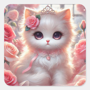 Pink Rose Princess Cat Vierkante Sticker