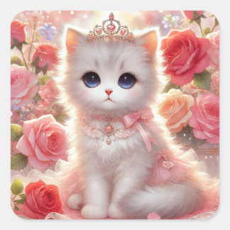 Pink Rose Princess Cat Vierkante Sticker