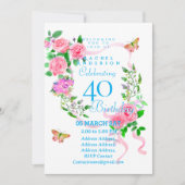 Pink Rose Ribbon 40th Birthday Invitation Kaart (Voorkant)