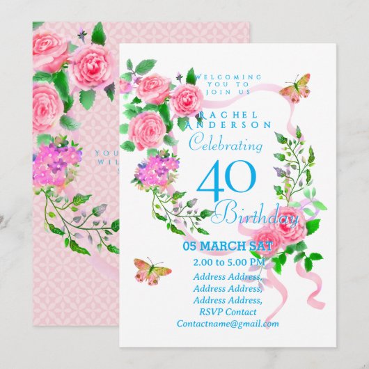 Pink Rose Ribbon 40th Birthday Invitation Kaart (Voorkant / Achterkant)