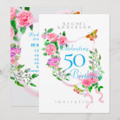 Pink Rose Ribbon Verjaardag Uitnodiging (Voorkant / Achterkant)