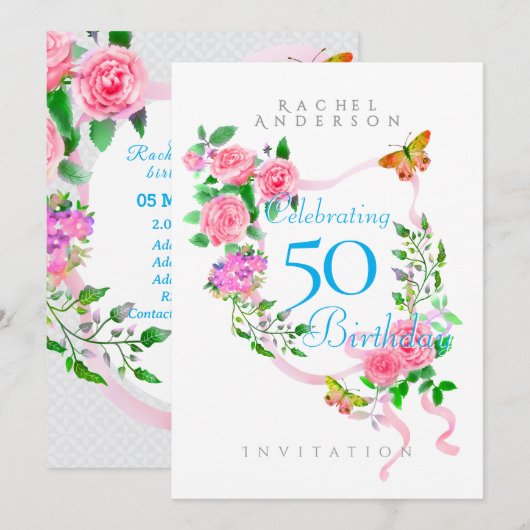 Pink Rose Ribbon Verjaardag Uitnodiging (Voorkant / Achterkant)