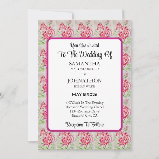 Pink Rose Rozen Flower Wedding Invitation Kaart (Voorkant)