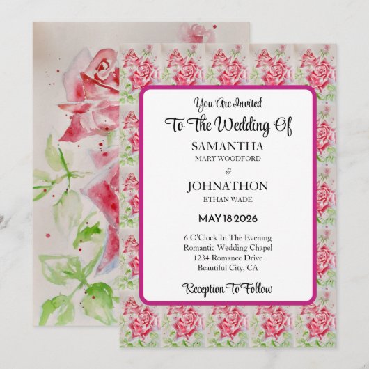 Pink Rose Rozen Flower Wedding Invitation Kaart (Voorkant / Achterkant)