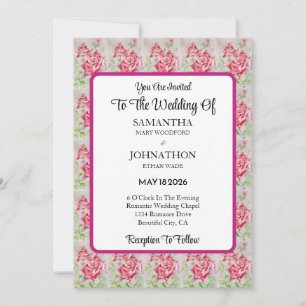 Pink Rose Rozen Flower Wedding Invitation Kaart