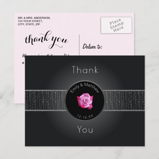 Pink Rose Silver Glow Ribbon Dank u Briefkaart (Voorkant / Achterkant)