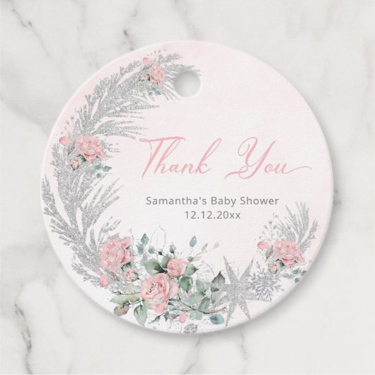 Pink Rose Silver Winter Thank you Bedankjes Labels (Voorkant)
