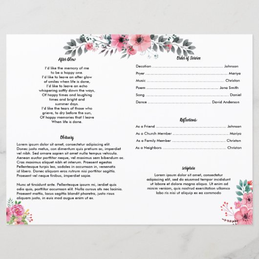 PINK ROSE | Sjabloon van het begrafenisprogramma (Achterkant)