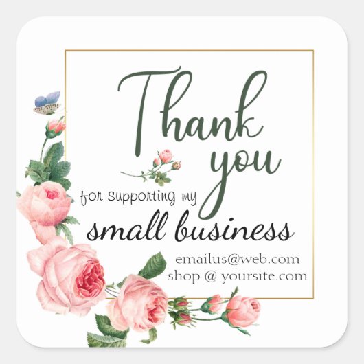 Pink Rose Small Business Dank u Logo Gepersonalise Vierkante Sticker (Voorkant)