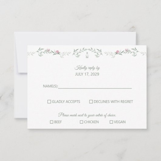 Pink Rose Vine and Monogram RSVP Response Card Kaartje (Voorkant)