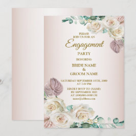 Pink Rose Watercolor Greenery Golden Engagement Kaart