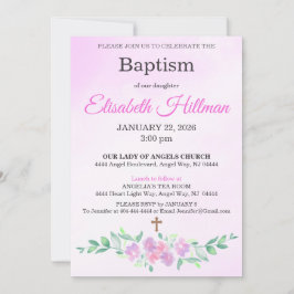 Pink Rose Watercolor Ombre Cross Baptism Kaart