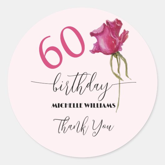 Pink Rose Waterverf Art Kalligrafie Verjaardag Ronde Sticker (Voorkant)
