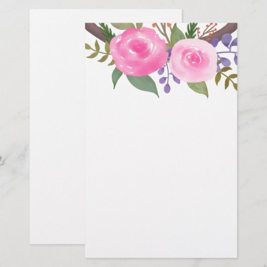 Pink Rose Waterverf Floral Shabby Chic Briefpapier (Voorkant / Achterkant)
