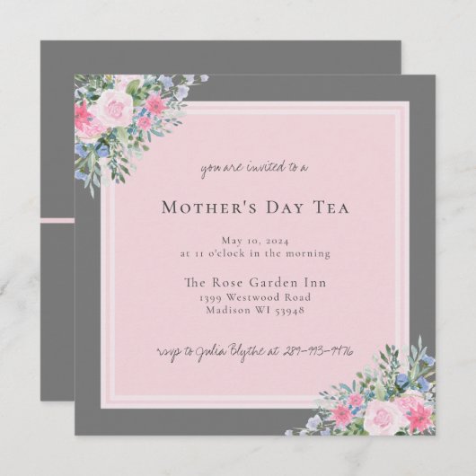 Pink Rose Waterverf Moederdag Uitnodiging (Voorkant / Achterkant)