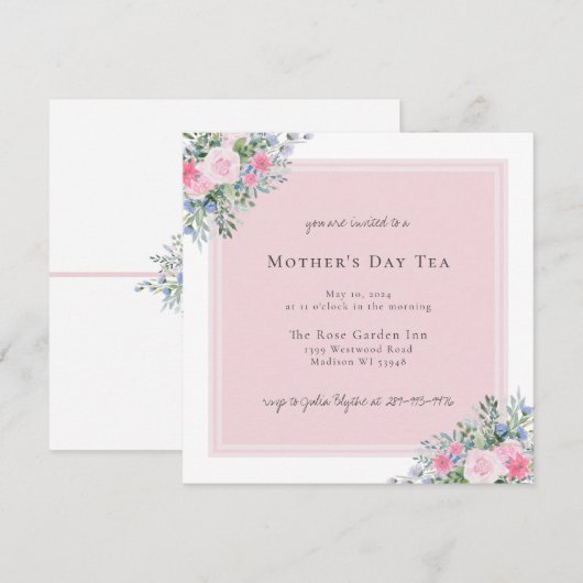 Pink Rose Waterverf Moederdag Uitnodiging (Voorkant / Achterkant)