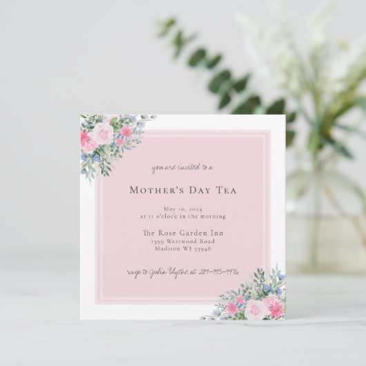Pink Rose Waterverf Moederdag Uitnodiging (Staand voorkant)