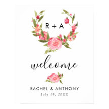 Pink Rose Waterverf Welkom Trouwbord Chic