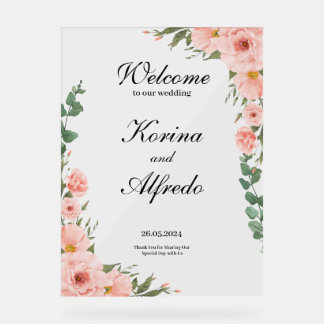 Pink Rose Welcome Sign Acryl Bord