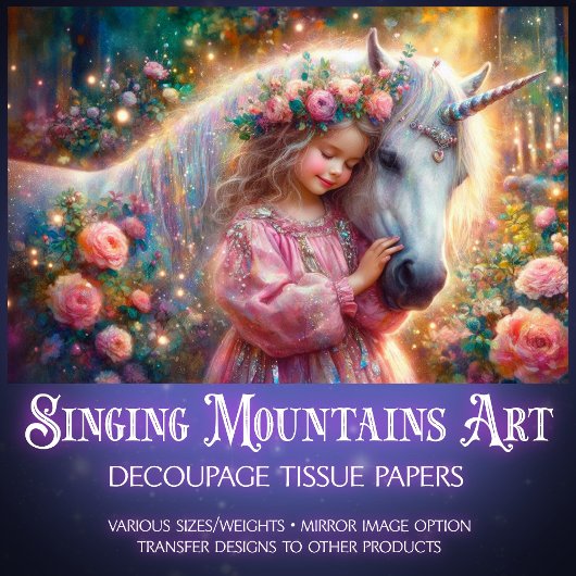 Pink Rose Whimsy Unicorn And Girl Decoupage Tissuepapier