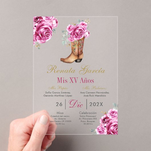 Pink rose with boot Quinceañera Invitation Acryl Uitnodigingen (Insitu (Draagbaar))