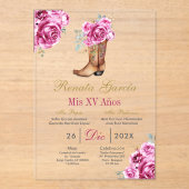Pink rose with boot Quinceañera Invitation Acryl Uitnodigingen (Voorkant)