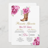 Pink rose with boot Quinceañera Invitation Kaart (Voorkant / Achterkant)
