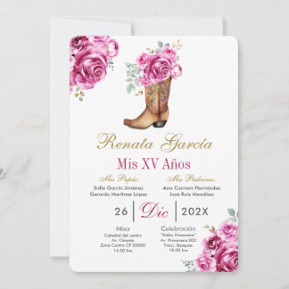 Pink rose with boot Quinceañera Invitation Kaart