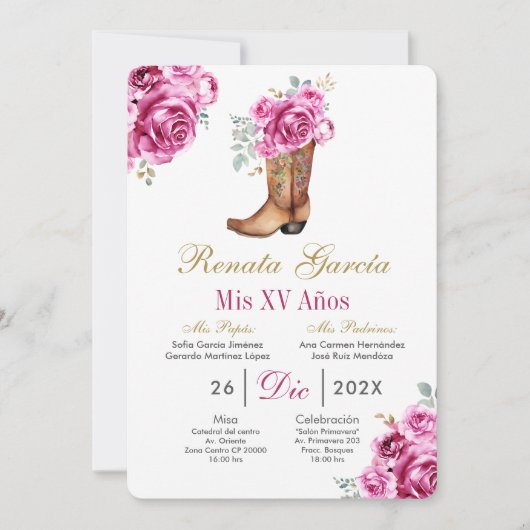 Pink rose with boot Quinceañera Invitation Kaart (Voorkant)