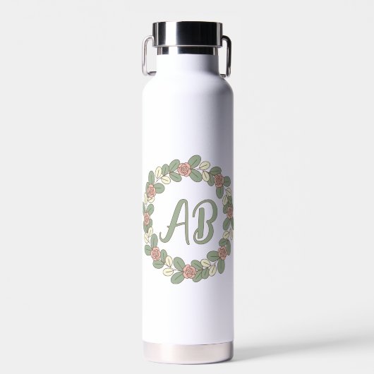 Pink Rose Wreath Monogram Water Bottle Waterfles (Voorkant)