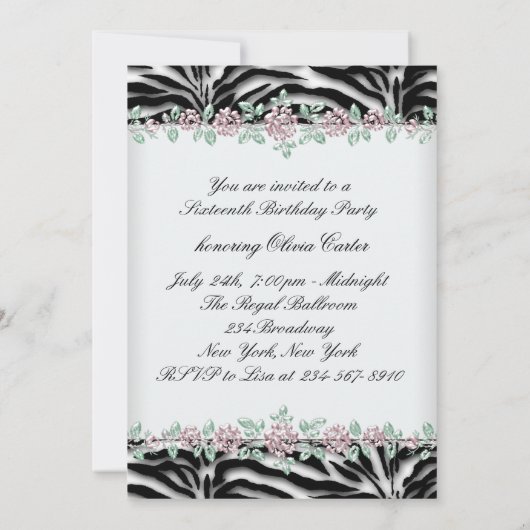 Pink Rose Zebra Sweet Sixteen Verjaardagsfeest Kaart (Achterkant)