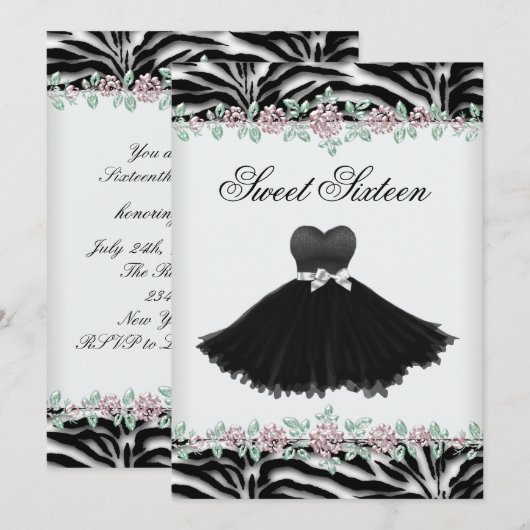 Pink Rose Zebra Sweet Sixteen Verjaardagsfeest Kaart (Voorkant / Achterkant)
