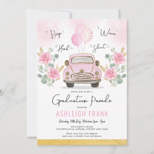 Pink Roses Afstuderen Parade High School Afstudeer Kaart (Voorkant)