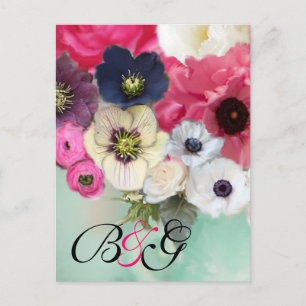 PINK ROSES AND ANEMONE FLOWERS MONOGRAM Save Date Aankondigingskaart