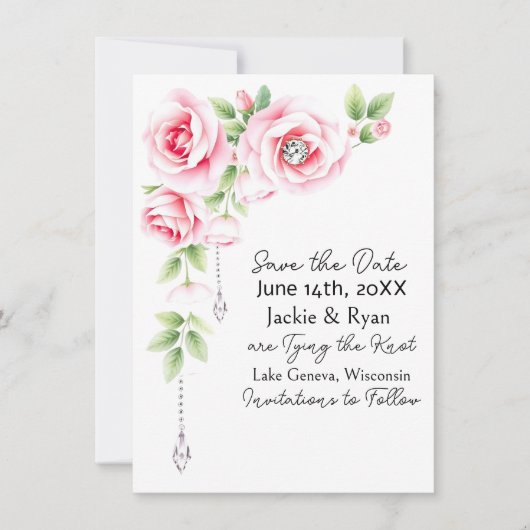 Pink Roses and Diamonds Floral Wedding  Save The Date (Voorkant)