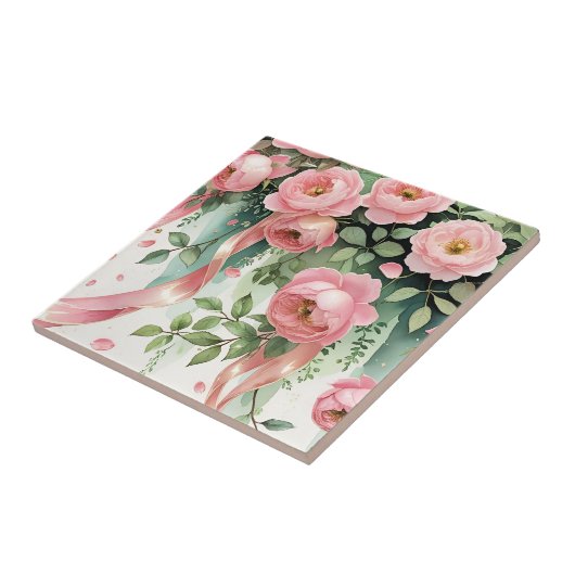 Pink Roses and Ribbons Tegeltje (Zijkant)