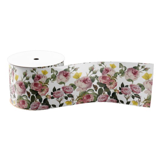 PINK ROSES AND YELLOW BUTTERFLIES White Floral Grosgrain Lint (Spoel)