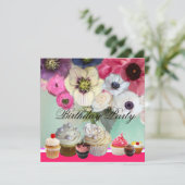 PINK ROSES ANEMONE FLOWERS AND CUPCAKES Birthday Kaart (Staand voorkant)